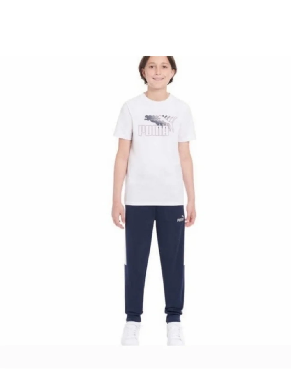Puma Boys 3-Piece Tech Fleece Hoodie, Tee & Jogger Set, Navy/Gray XS 5/6 - Picture 2 of 4